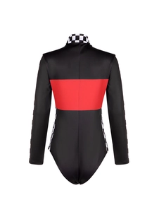 Back view of a sleek racing bodysuit with red panels and checkerboard sleeve details