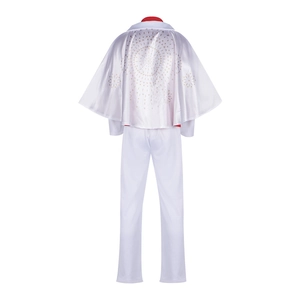 Adult Elvis Presley style costume featuring white satin cape with gold pattern and trousers