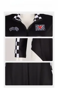 Detail view of racing outfit zipper and checkered patterns on collar and sleeves
