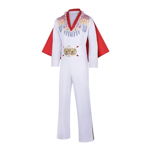 Men's Elvis style white jumpsuit with red cape and eagle embroidery for stage