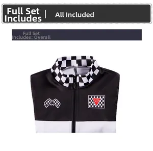 Detail of racing jumpsuit collar featuring checkered pattern and VIP logo embroidery