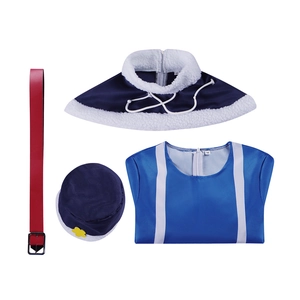 Anime cosplay costume set featuring a blue cape, top, hat with flower, and red belt
