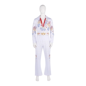 Klassieke witte Elvis jumpsuit met adelaarsborduurwerk en rode kraag voor toneel