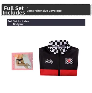Racing themed bodysuit set with zipper collar and black lace fishnet stockings