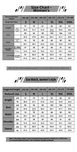 Size chart for women's racing bodysuit from S to XXXL with detailed metric measurements