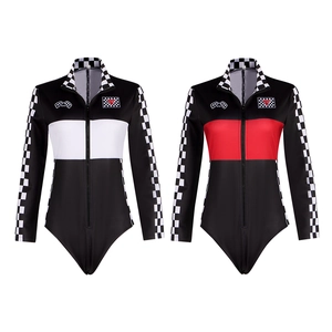 Women Long Sleeve Racing Girl Bodysuit Zipper Checkered Flag VIP Print Cosplay Performance Jumpsuit With Net Stockings