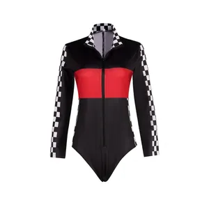 Racing style long sleeve jumpsuit with black and red color blocks and checkered flag patterns