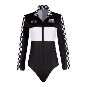 Racing themed long sleeve bodysuit with checkerboard patterns and front zipper