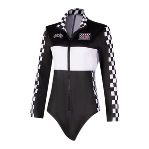 Racing style black and white long sleeve bodysuit with checkerboard patterns and zip front