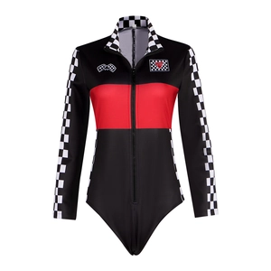 Women's long-sleeve racing jumpsuit with checkerboard patterns and a front zipper