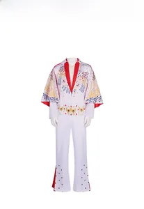Detail of Elvis Presley style white jumpsuit featuring colorful eagle sequin embroidery