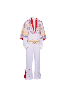 Detailed view of the eagle embroidery and red star patterns on the white Elvis jumpsuit