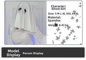 Ghost girl cosplay dress detail showing size chart and spandex material specification