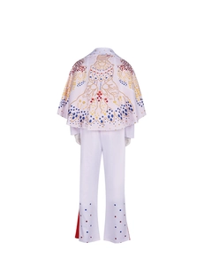 Detail of white Elvis costume featuring colorful rhinestone eagle on back of cape