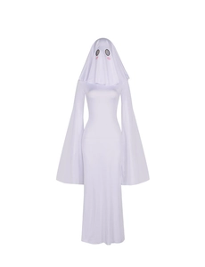 Detail of cute white ghost cosplay dress featuring a hood with pink blush and flared sleeves