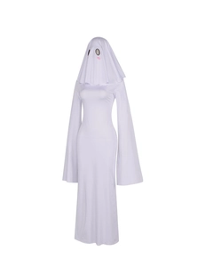 Ghost cosplay dress detail with pink blush eyes hood and white long sleeve gown