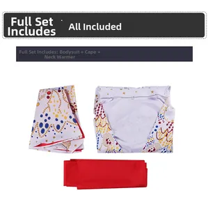 Detailed set including white patterned jumpsuit, matching cape, and red scarf for cosplay