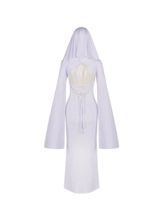 Detail of the hooded white dress featuring an open back and criss-cross lace-up design