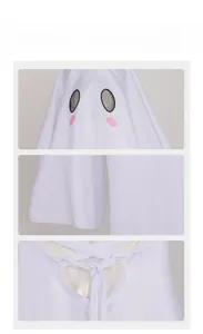 Detail of white ghost cosplay dress featuring hooded face design and cross-laced back