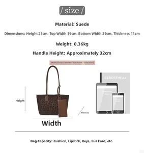 Size chart for leopard print suede tote bag with dimensions and capacity details