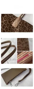 Detail view of leopard print tote bag showing stitching, zippers, and striped lining