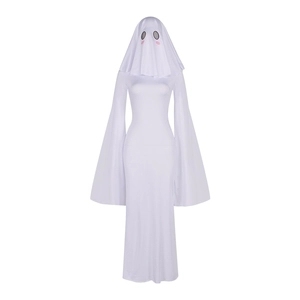 Women Cute Halloween Ghost Girl Cosplay Costume White Backless Flared Sleeve Long Dress And Ghost Mask Party Outfit