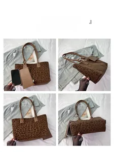 Detail view of large leopard print suede tote bag with matching pouch from multiple angles
