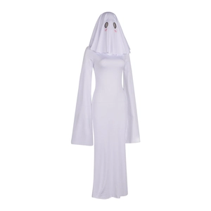 Cute Halloween ghost cosplay dress with long flowing sleeves and a smiling hood