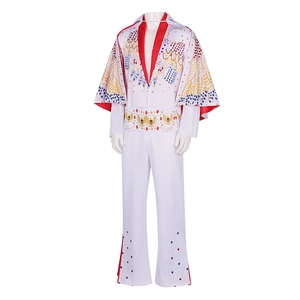 Elvis Presley style white jumpsuit with red cape and eagle graphics for rock cosplay
