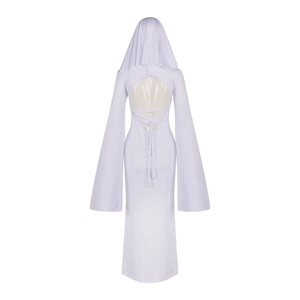 Halloween ghost cosplay white hooded long dress with open back and lace-up design