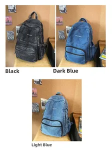 Tres colores de mochilas de mezclilla lavada en negro, azul profundo y azul claro