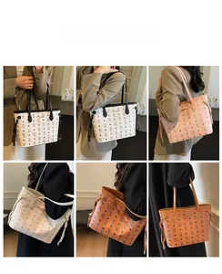 Detailed views of printed faux leather tote bag in multiple colors with bear patterns