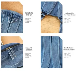 Detalles de mochila denim con asa resistente, cremallera metálica y correas suaves
