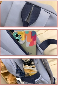Detail of purple backpack showing anti-theft back pocket and elastic side umbrella pouch