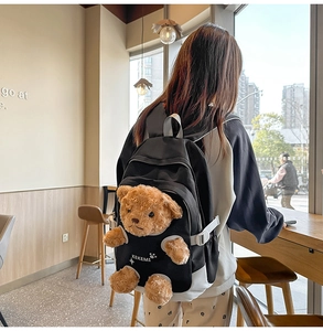 Detail view of canvas backpack featuring a 3D plush teddy bear and KEKEMI logo