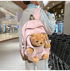Close-up of pink backpack featuring a 3D plush bear and embroidered KEKEMI logo