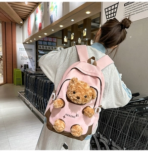 Detailed view of pink KEKEMI backpack featuring a cute 3D brown plush bear insert