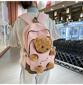 Detailed back view of a pink backpack featuring a brown plush bear doll and KEKEMI branding