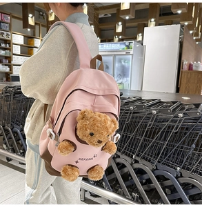 Detail of pink backpack featuring a 3D plush teddy bear and KE-KE-MI printed logo