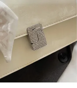 Dettaglio della fibbia in cristallo argento su borsa baguette in pelle crema testurizzata