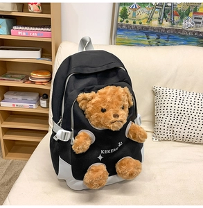 Detail of cute brown teddy bear plushie integrated into a black cartoon backpack