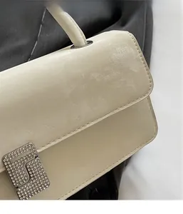 Dettaglio borsa beige con texture sabbiata e fibbia quadrata decorata con strass