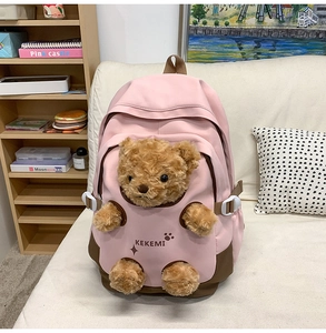 Detailed view of pink school backpack with creative 3D plush bear and plastic buckle