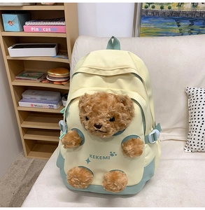 Close-up of cute bear plush design on the yellow and green nylon student backpack