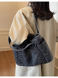 Sac Fourre-tout en Denim de Grande Capacité pour Femmes Vintage Lavé Multi-poches Sac à Bandoulière Décontracté Quotidien