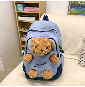 Close-up of cute 3D brown teddy bear on a blue student backpack with KEKEMI logo