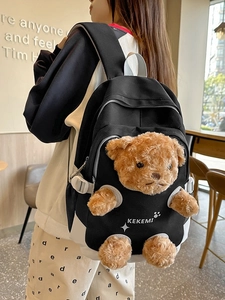 Cute teddy bear plush backpack for students featuring 3D doll and large capacity