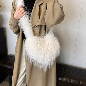 Chic white faux fur heart-shaped shoulder bag shown with a tan trench coat outfit