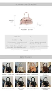 Detailed size specifications and color variants for the stylish shell-shaped shoulder bag