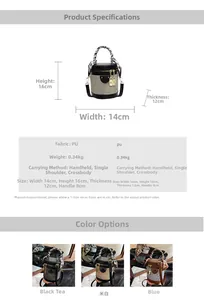 Detailed technical chart showing dimensions and colors for the cylinder bucket bag
